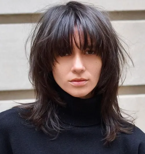 Collarbone-Length Layers with Baby Bangs
